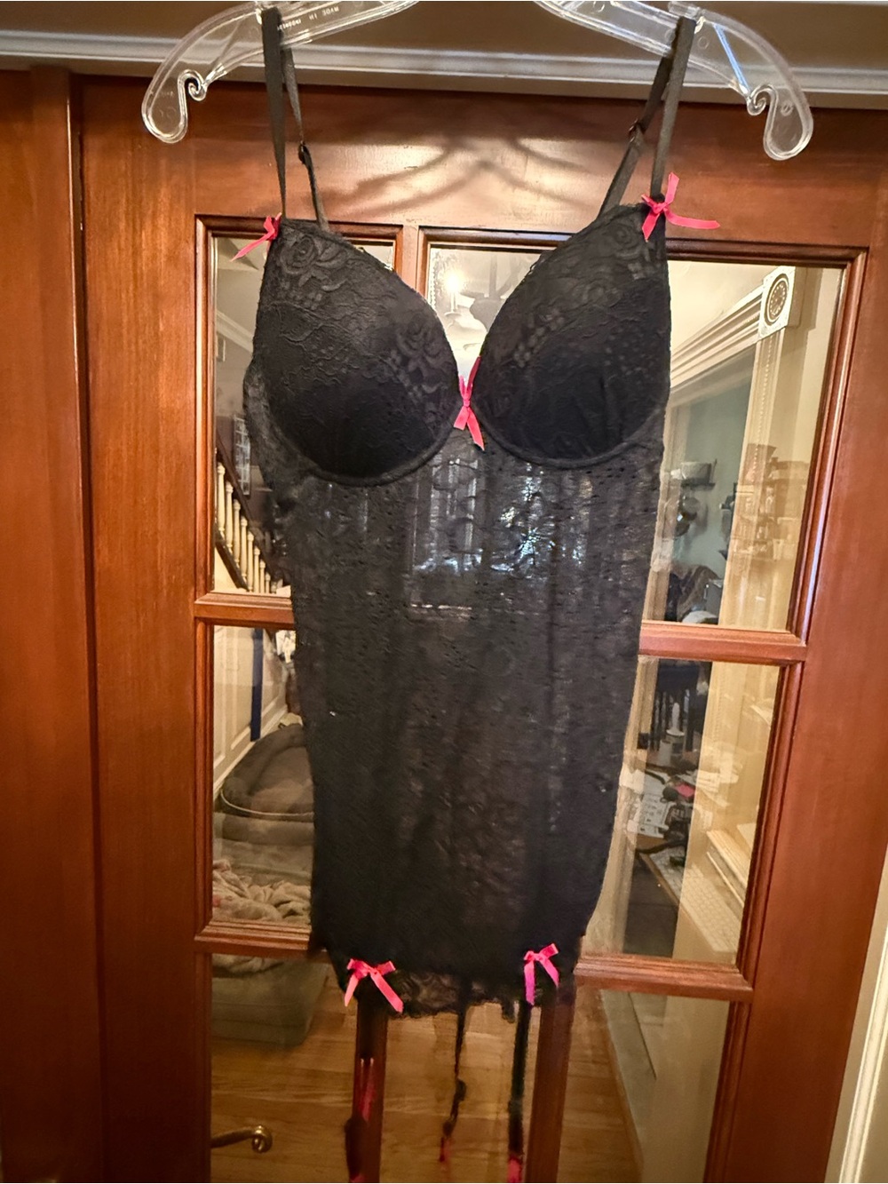 Black Lace Chemise with Pink Bow Accents and Removable Garters